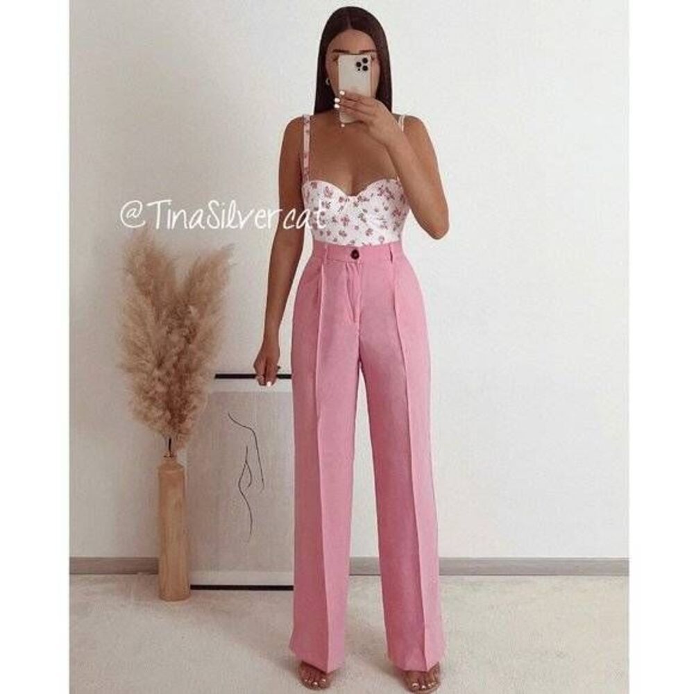 BLOGGER'S FAVE! Zara High Waisted Pants Pastel Pink NWT Size S - Picture 4 of 11
